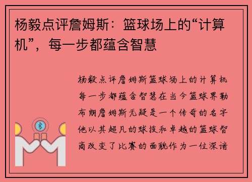 杨毅点评詹姆斯：篮球场上的“计算机”，每一步都蕴含智慧