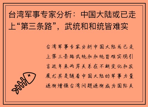 台湾军事专家分析：中国大陆或已走上“第三条路”，武统和和统皆难实现